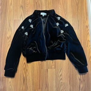 Black Velvet Bomber Jacket with Crystal Floral Accents
